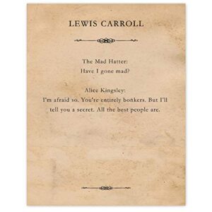 lewis carroll alice in wonderland mad hatter quote print, 1 (11x14) unframed typography book page photos, wall art decor gifts under 15 for home office man cave school student teacher literary fan