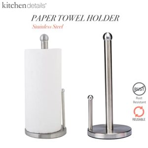 Kitchen Details Countertop Single Tear Paper Towel Holder, Free Standing, Weighted Bottom, Holds Standard Rolls, Dispenser Bar Prevents Unraveling, Stainless Steel