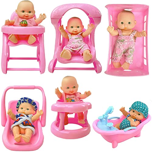 Liberty Imports 6 Pack: Mini Baby Newborn Dolls Collection - Includes Cradle, High Chair, Walker, Swing, Bathtub and Infant Seat, Pretend Toys Playset for Kids