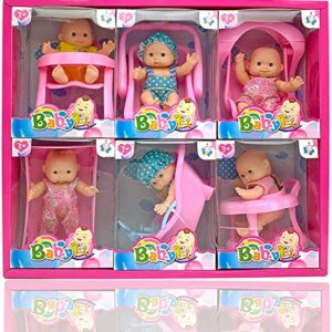 Liberty Imports 6 Pack: Mini Baby Newborn Dolls Collection - Includes Cradle, High Chair, Walker, Swing, Bathtub and Infant Seat, Pretend Toys Playset for Kids