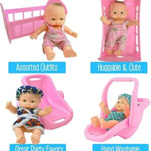 Liberty Imports 6 Pack: Mini Baby Newborn Dolls Collection - Includes Cradle, High Chair, Walker, Swing, Bathtub and Infant Seat, Pretend Toys Playset for Kids