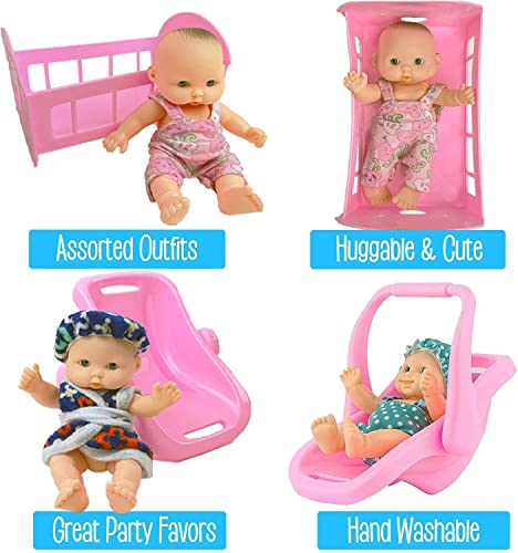 Liberty Imports 6 Pack: Mini Baby Newborn Dolls Collection - Includes Cradle, High Chair, Walker, Swing, Bathtub and Infant Seat, Pretend Toys Playset for Kids