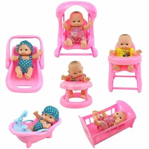 Liberty Imports 6 Pack: Mini Baby Newborn Dolls Collection - Includes Cradle, High Chair, Walker, Swing, Bathtub and Infant Seat, Pretend Toys Playset for Kids