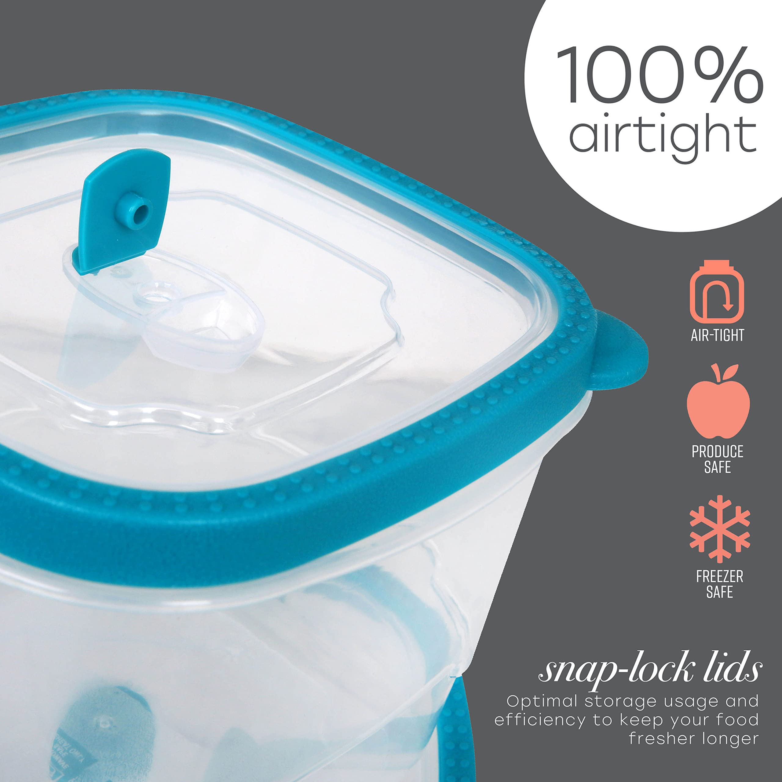 Kitchen Details Air Tight 16 Piece Food Storage Container Set | Contains: 2-4oz, 2-16oz, 2-40oz, 2-56oz Container | BPA Free | Teal | Kitchen Organization | Food Fresh