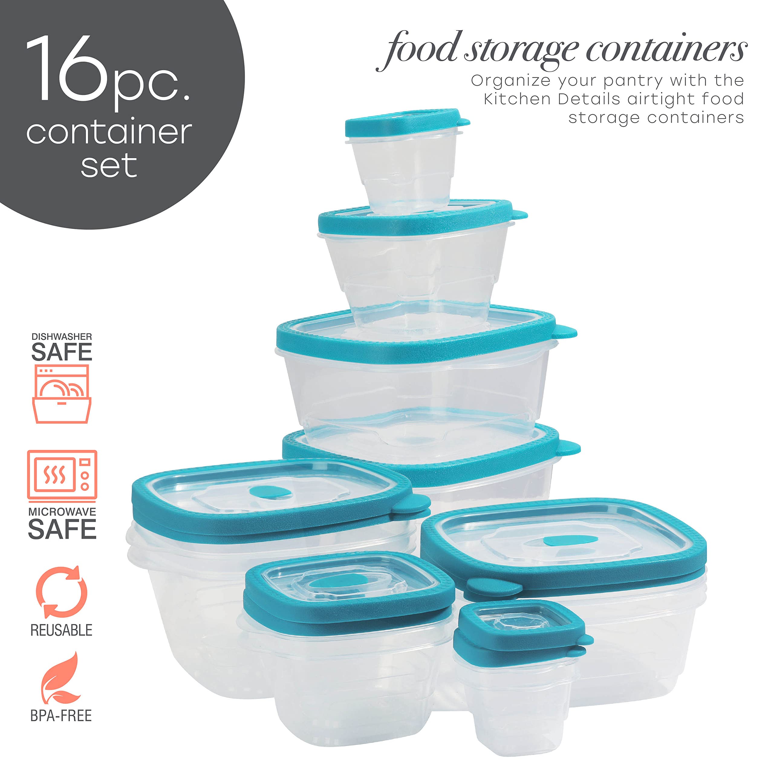 Kitchen Details Air Tight 16 Piece Food Storage Container Set | Contains: 2-4oz, 2-16oz, 2-40oz, 2-56oz Container | BPA Free | Teal | Kitchen Organization | Food Fresh