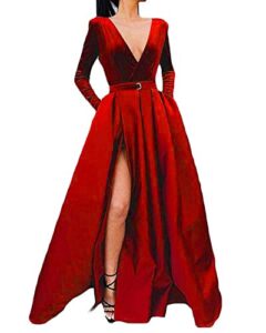 ll bridal long satin velvet prom dresses v neck long sleeve high slit formal evening party gowns red-12