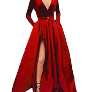 LL Bridal Long Satin Velvet Prom Dresses V Neck Long Sleeve High Slit Formal Evening Party Gowns Red-12