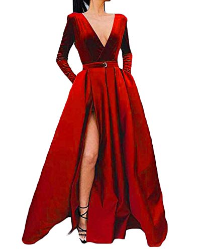 LL Bridal Long Satin Velvet Prom Dresses V Neck Long Sleeve High Slit Formal Evening Party Gowns Red-12