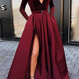 LL Bridal Long Satin Velvet Prom Dresses V Neck Long Sleeve High Slit Formal Evening Party Gowns Red-12