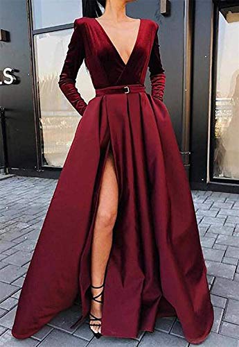 LL Bridal Long Satin Velvet Prom Dresses V Neck Long Sleeve High Slit Formal Evening Party Gowns Red-12