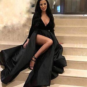 LL Bridal Long Satin Velvet Prom Dresses V Neck Long Sleeve High Slit Formal Evening Party Gowns Red-12