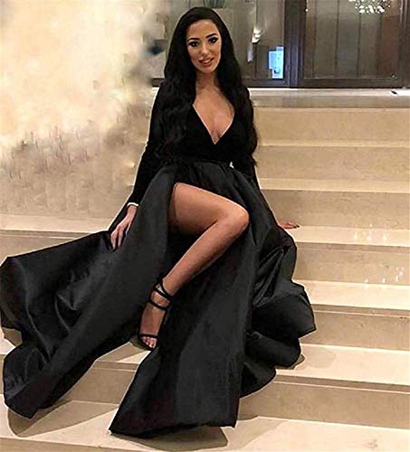 LL Bridal Long Satin Velvet Prom Dresses V Neck Long Sleeve High Slit Formal Evening Party Gowns Red-12