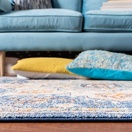 SAFAVIEH Madison Collection Area Rug - 5'3" x 7'6", Blue & Light Blue, Boho Chic Medallion Distressed Design, Non-Shedding & Easy Care, Ideal for High Traffic Areas in Living Room, Bedroom (MAD473M)