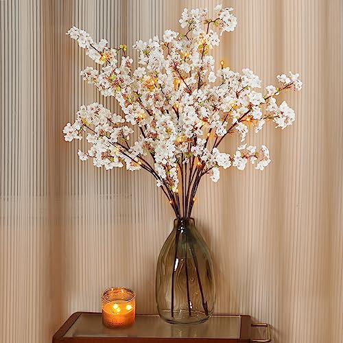 Sunm Boutique Silk Cherry Blossom Branches, Artificial Cherry Blossom Tree Stems Faux Cherry Flowers Vase Arrangements for Wedding Home Decor, Set of 3