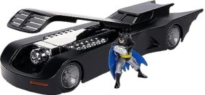 dc comics 1:24 batman animated series batmobile die-cast car with 2.75" batman figure, toys for kids and adults,black