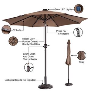 VILLACERA 83-OUT5421 9' LED Lighted Outdoor Patio 8 Steel Ribs and Push Button Tilt, Solar Powered Market Umbrella, Brown