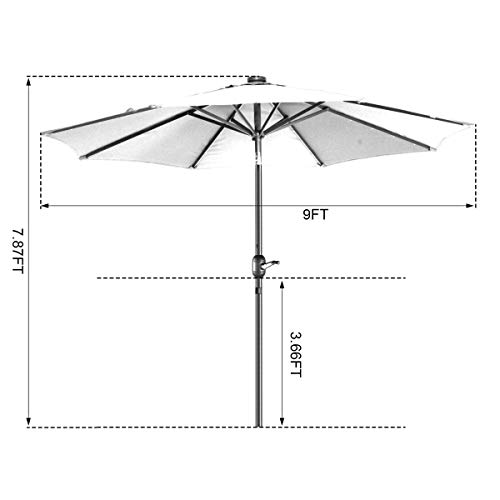 VILLACERA 83-OUT5421 9' LED Lighted Outdoor Patio 8 Steel Ribs and Push Button Tilt, Solar Powered Market Umbrella, Brown