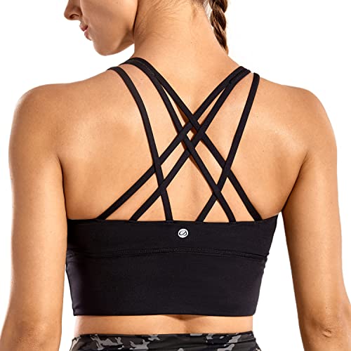 CRZ YOGA Women's Strappy Longline Sports Bras - Wirefree Padded Medium Impact Workout Crop Tank Top Black Medium