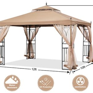 ABCCANOPY Patio Outdoor Gazebo 10X12 - Gazebo Canopy with Netting and Corner Frame Screen Wall for Backyard,Garden Gazebo Lawn (Khaki)