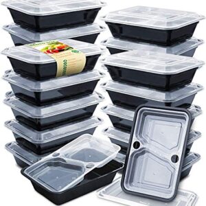 Enther 36oz Meal Prep Containers 20 Pack 3 Compartment with Removable Insert Tray 2 Tier Food Storage Bento Box with Lid, BPA Free Reusable Lunch Box Stackable/Microwave/Dishwasher/Freezer Safe Black