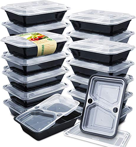 Enther 36oz Meal Prep Containers 20 Pack 3 Compartment with Removable Insert Tray 2 Tier Food Storage Bento Box with Lid, BPA Free Reusable Lunch Box Stackable/Microwave/Dishwasher/Freezer Safe Black