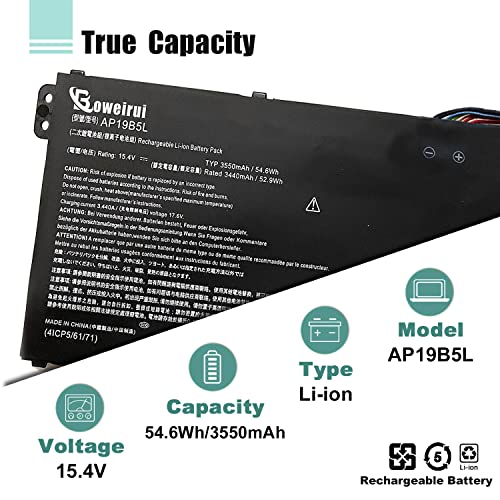 BOWEIRUI AP19B5L Laptop Battery Replacement for ACER Aspire 5 A515-43 A515-43G A515-52 A515-52G, Swift 3 SF314-42 SP314-21N-R5FR, Vero AV15-51 Series KT.0040.5010 KT00405010 Battery (15.4V 54.6Wh)