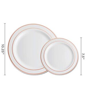 Munfix Plastic Wedding Party Plates 100 Piece White Rose Gold Rim. Elegant Fancy 50 Premium Heavy Duty 10.25 Inch Dinner Plates and 50 Disposable 7.5 Inch Dessert Appetizer