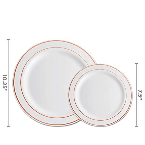 Munfix Plastic Wedding Party Plates 100 Piece White Rose Gold Rim. Elegant Fancy 50 Premium Heavy Duty 10.25 Inch Dinner Plates and 50 Disposable 7.5 Inch Dessert Appetizer