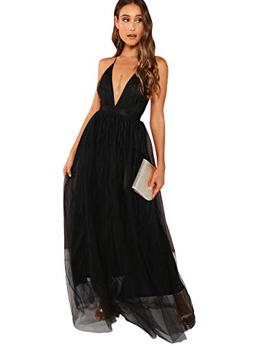 Floerns Women's Plunging Neck Spaghetti Strap Maxi Cocktail Party Dress Black XS