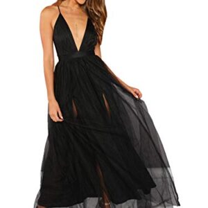 Floerns Women's Plunging Neck Spaghetti Strap Maxi Cocktail Party Dress Black XS