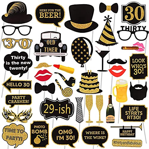 Adult 30th Birthday Photo Booth Props(41Pcs) for Her Him Dirty Thirty 30th Birthday Party, Gold and Red Decorations,30 Birthday Party Supplies for Men Women