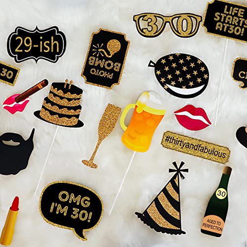 Adult 30th Birthday Photo Booth Props(41Pcs) for Her Him Dirty Thirty 30th Birthday Party, Gold and Red Decorations,30 Birthday Party Supplies for Men Women
