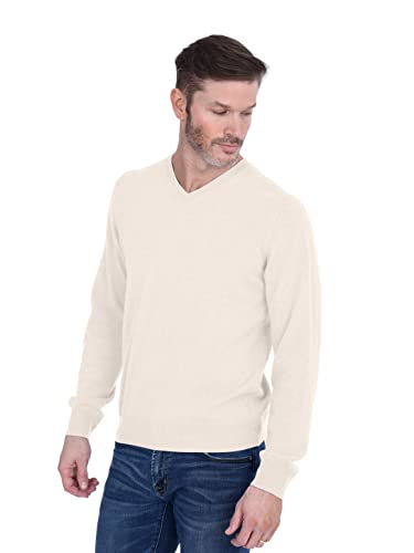 Cashmeren Men's Basic V-Neck Sweater 100% Pure Cashmere Long Sleeve Pullover (Ivory, Large)