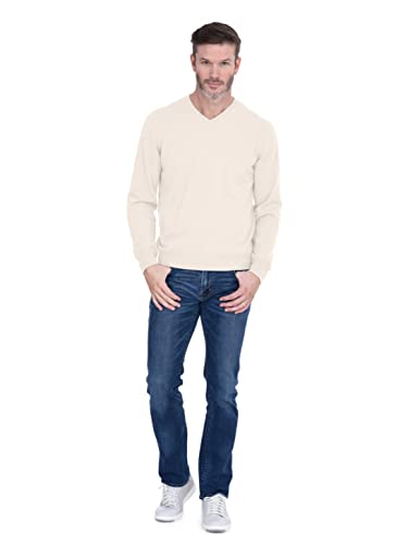 Cashmeren Men's Basic V-Neck Sweater 100% Pure Cashmere Long Sleeve Pullover (Ivory, Large)