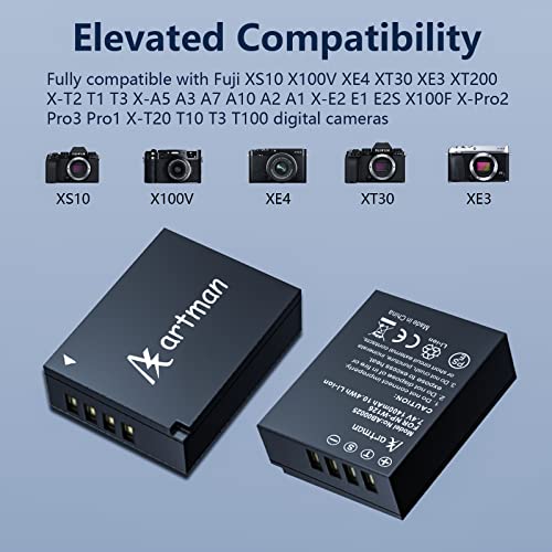 Artman NP-W126 NP-W126S Battery 2-pack and USB Dual Charger Compatible with Fujifilm X-T1 X-T2 X-T3 X-T10 X-T20 X-T30 X-T30 II X-T100 X-T200 X100F X100V X-S10 X-A5 X-A10 X-E4 X-Pro2 X-Pro3
