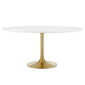 modway lippa 60" mid-century modern dining table with round white top and pedestal base in gold white