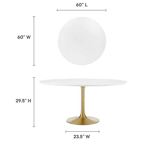 Modway Lippa 60" Mid-Century Modern Dining Table with Round White Top and Pedestal Base in Gold White