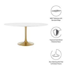 Modway Lippa 60" Mid-Century Modern Dining Table with Round White Top and Pedestal Base in Gold White