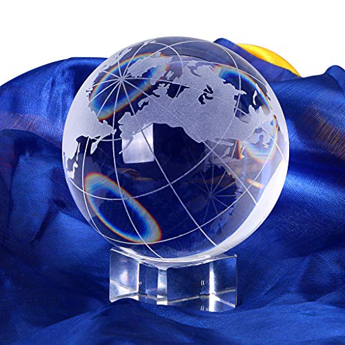 OwnMy World Globe Crystal Ball Glass Sphere Display Globe Paperweight Healing Meditation Ball with Clear Stand for Creative Gift (Globe / 80MM)