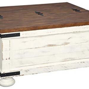 Signature Design by Ashley Wystfield Farmhouse Square Storage Coffee Table with Hinged Lift Top, Distressed White