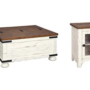 Signature Design by Ashley Wystfield Farmhouse Square Storage Coffee Table with Hinged Lift Top, Distressed White