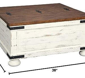 Signature Design by Ashley Wystfield Farmhouse Square Storage Coffee Table with Hinged Lift Top, Distressed White