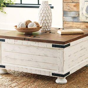 Signature Design by Ashley Wystfield Farmhouse Square Storage Coffee Table with Hinged Lift Top, Distressed White