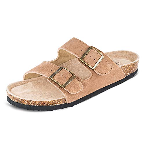 TF STAR Men’s Cow Suede Leather Slide Sandals,2-Strap Adjustable Buckle,Casual Slippers, Slide Cork Footbed shoes