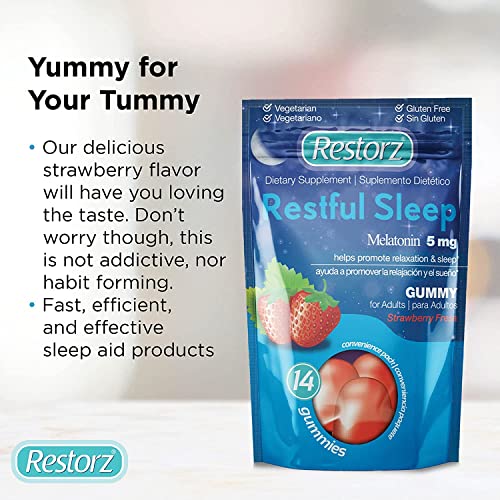 Restorz Restful Sleep Gummies with Melatonin 5mg, 5mg Melatonin Gummies Supplement to Support a Healthy Sleep Cycle, Strawberry Flavor, 112 Gummies