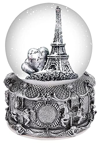 DELIWAY Eiffel Tower Snow Globe Plays 8 Classic Tunes, 100mm Music Snowglobes Carousel Horses Base Hand-Painted Collectible Gifts for Birthday Christmas