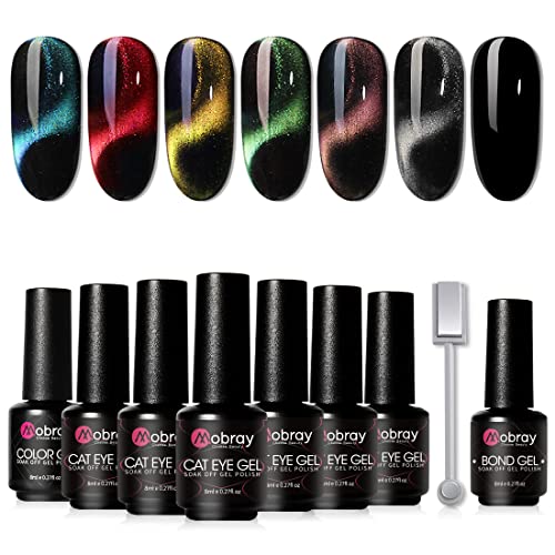 Mobray Cat Eye Gel Nail Polish Set, 6Pcs 3D Cateye Magnetic Gel Polish Kit with 1*Black Base Gel and 1*Magnetic Stick Soak Off Nail Lamp Nail Art for Women.