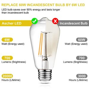 Ascher Dimmable Vintage LED Edison Bulbs, 6W, Equivalent 60W, 700lm, Warm White 2700K, 80+ CRI, ST58 Antique LED Filament Bulbs, E26 Medium Base, Clear Glass, Pack of 6