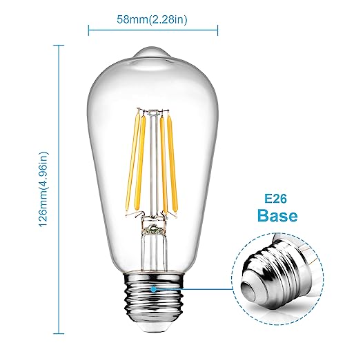 Ascher Dimmable Vintage LED Edison Bulbs, 6W, Equivalent 60W, 700lm, Warm White 2700K, 80+ CRI, ST58 Antique LED Filament Bulbs, E26 Medium Base, Clear Glass, Pack of 6