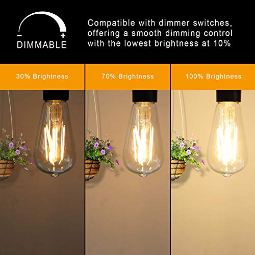 Ascher Dimmable Vintage LED Edison Bulbs, 6W, Equivalent 60W, 700lm, Warm White 2700K, 80+ CRI, ST58 Antique LED Filament Bulbs, E26 Medium Base, Clear Glass, Pack of 6